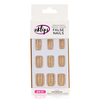 Eklips Gold Glitter Oval False Nails - 24 Pack for Elegant Style