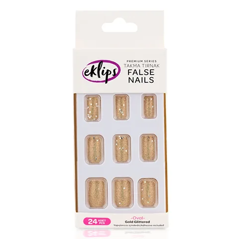 Eklips أظافر صناعية بيضاوية لامعة ذهبية من إكليبس عبوة من 24 قطعة لإطلالة أنيقة