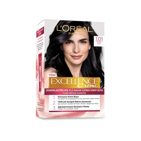 L'Oreal Paris صبغة شعر لوريال باريس إكسلنس كريم أسود غامق 1.01، 1 قطعة