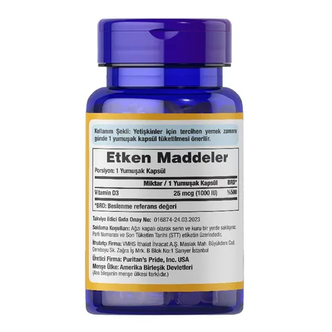 Puritan's Pride Vitamin D3 1000 IE Weichkapseln - 100 Stück