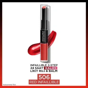 L'Oreal Paris أحمر شفاه سائل ومرطب إنفاليبل من لوريال باريس، خطوتين، يدوم 24 ساعة، 506 أحمر إنفاليبل