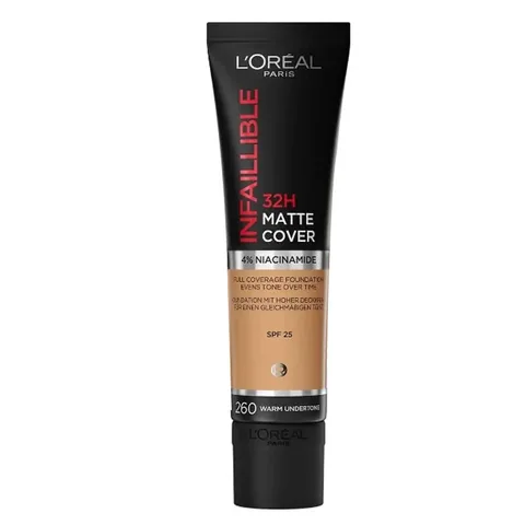 L'Oreal Paris كريم أساس لوريال باريس إنفاليبل عالي التغطية غير اللامع يدوم 32 ساعة 260 لون دافئ 30 مل