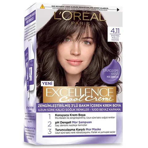 L'Oreal Paris صبغة شعر لوريال باريس إكسلنس كول كريم 4.11 بني رمادي إضافي