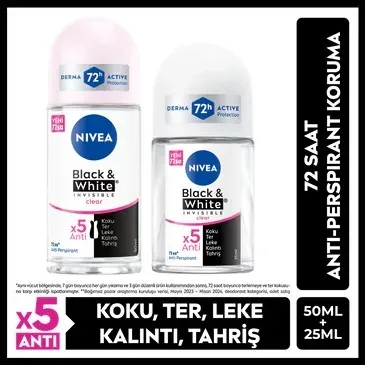 Nivea Women's Roll-on Deodorant Black&white Invisible Clear 50 ml And Black&white Invisible Clear, 72 Hours Anti-perspirant