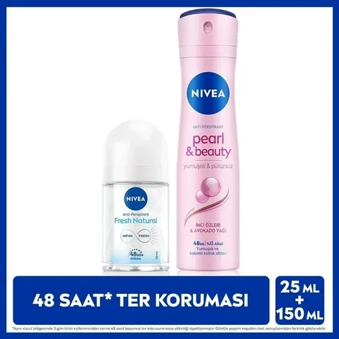 Nivea Women Spray Deodorant Pearl&beauty 150 ml And Mini Roll-on Fresh Natural 25 ml, Sweat Protection