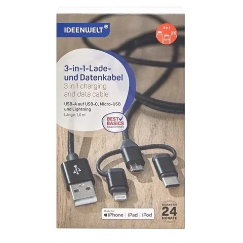 Ideenwelt 1m Nylon Datenübertragungs- und Ladekabel - USB-A, USB-C, Lightning