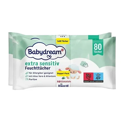 Babydream Baby Wet Wipes Very Sensitive Skin, Aloe Vera 2*80pcs