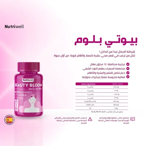 Nutri-Well Biotin Beauty Bloom Dietary Supplement, Berry Flavor, 60 Gummies