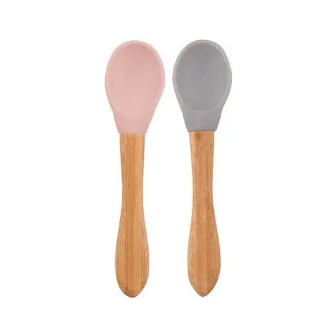 OiOi Bambusgriff Baby-Löffel für 9 Monate+ - Rosa & Grau