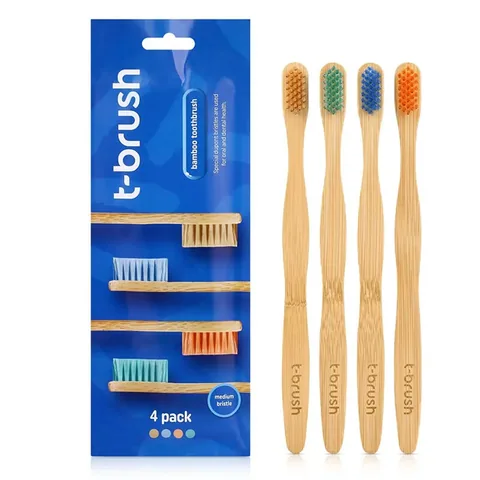 T Brush Bamboo Toothbrush Medium Hard 4 pcs
