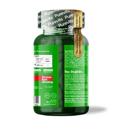 Purevits Korea Red Ginseng 500 mg Dietary Supplement 60 Vegan Capsules