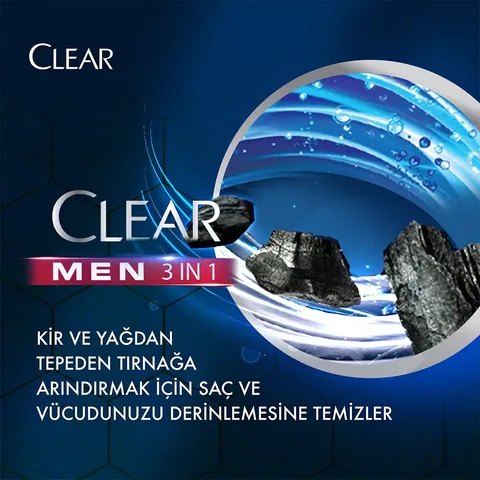 Clear Men 3 in 1 Shampoo & Shower Gel A Purifying Charcoal For Hair Face Body 350 ml