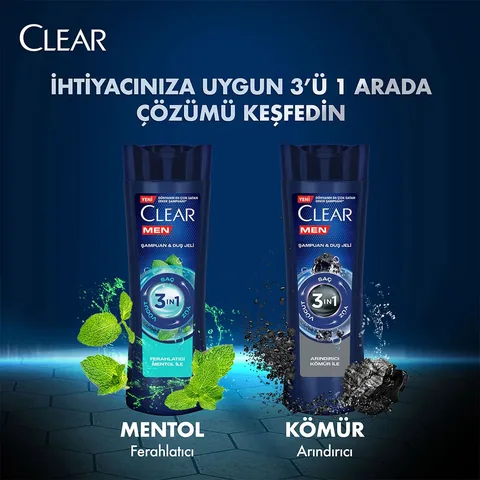 Clear Men 3 in 1 Shampoo & Shower Gel A Purifying Charcoal For Hair Face Body 350 ml