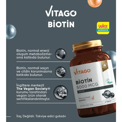 Vitago أقراص فيتاجو بيوتين ٥٠٠٠ ميكروغرام، مكمل غذائي، ٦٠ قرصًا