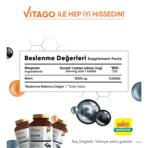 Vitago أقراص فيتاجو بيوتين ٥٠٠٠ ميكروغرام، مكمل غذائي، ٦٠ قرصًا