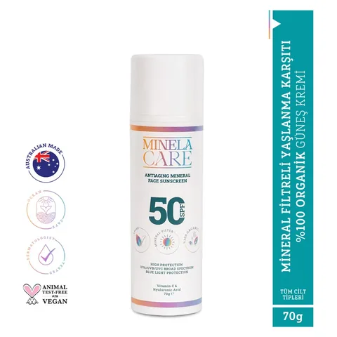 Minela Care كريم مينيلا كير العضوي المعدني المضاد للشيخوخة للوجه بعامل حماية من الشمس 50+، 70 غرام