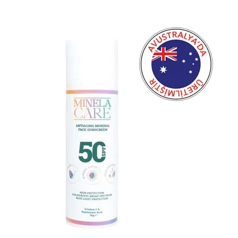 Minela Care كريم مينيلا كير العضوي المعدني المضاد للشيخوخة للوجه بعامل حماية من الشمس 50+، 70 غرام
