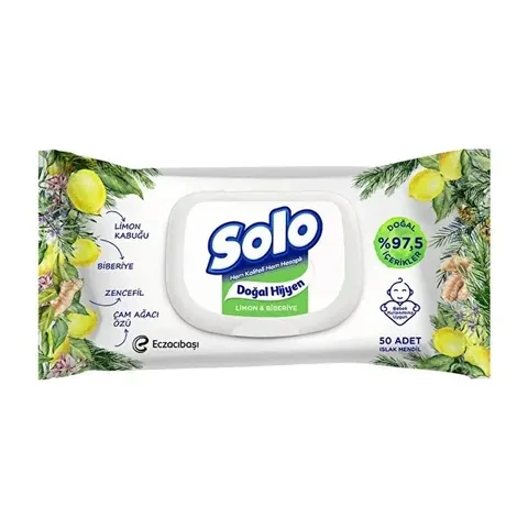 Solo مناديل مبللة سولو الطبيعية للنظافة الشخصية برائحة الليمون وإكليل الجبل، 50 منديلًا