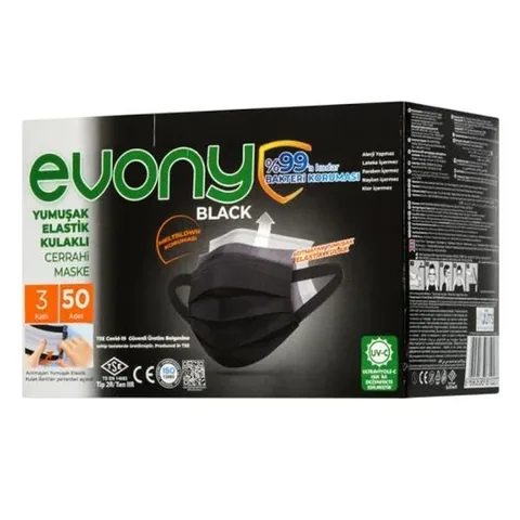 Evony 3-lagige Masken - 50 schwarze Einweg-Schutzmasken