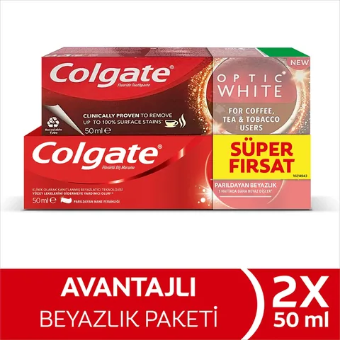 Colgate مجموعة تبييض الأسنان كولجيت أوبتيك وايت شاينينج وايت 50 مل + مجموعة معجون أسنان 50 مل