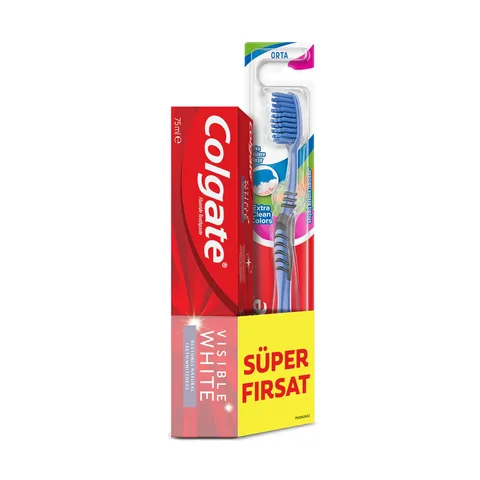 Colgate معجون أسنان كولجيت فيزيبل وايت 75 مل ومجموعة فرشاة أسنان إكسترا كلين