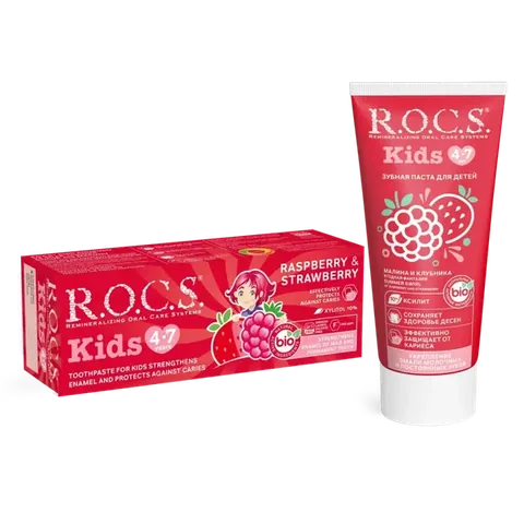 Rocs معجون أسنان روكس كيدز بنكهة الفواكه للأطفال من عمر 4 إلى 7 سنوات، 35 مل (توت العليق والفراولة)