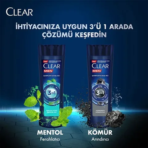 Clear Men 3 in 1 Shampoo &amp; Shower Gel Refreshing Menthol Effect For Hair Face Body 350 ml