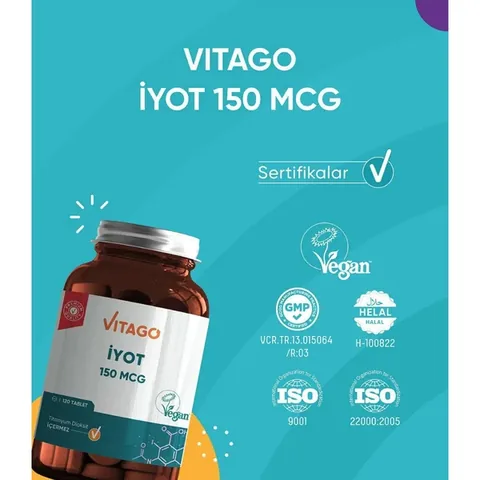 Vitago أقراص اليود النباتية الفاخرة من فيتاجو، 150 ميكروغرام، غذاء مكمل غذائي 120 مليلتر