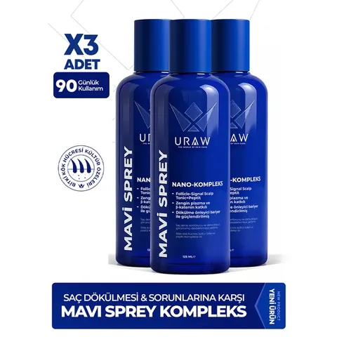 URAW Blue Spray 3-teiliges Set (Dermaroller-Geschenk) - Fortschrittlicher Komplex zur Unterstützung der Haarwurzelaktivierung