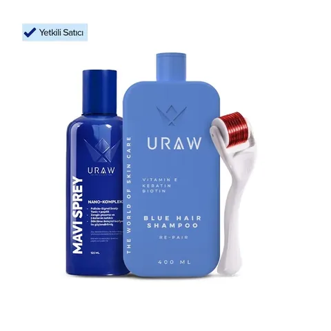 URAW | أوراو مجموعة العناية المكثفة لتقوية الشعر (بخاخ أزرق + شامبو أزرق + ديرمارولر)