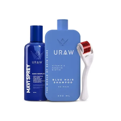 URAW Intensive Hair Strengthening Care Set (Blue Spray + Blue Shampoo + Dermaroller)