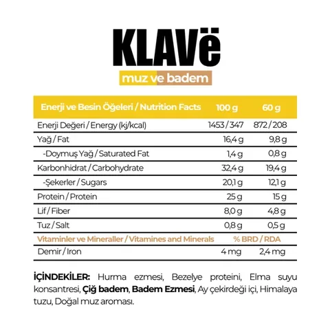 KLAVE Banana Flavored and Almond Bar 60g