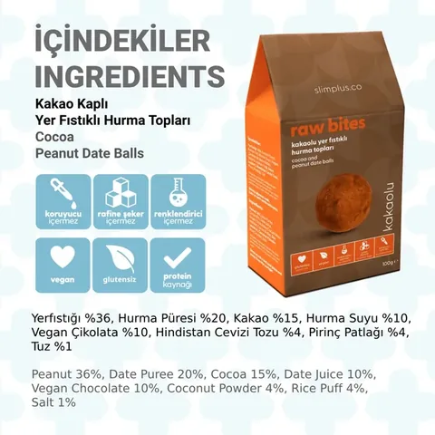 SLİMPLUS Cocoa Coated Gluten-Free Vegan Peanut Date Balls 100g